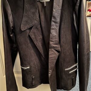 Black Leather Jacket with Wide Lapels and Open Front Design